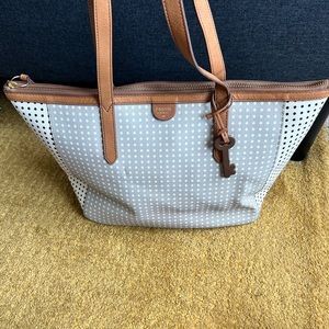FOSSIL SYDNEY Shopper Polka Dot Tote Gray Cream Black Canvas Shoulder Purse Bag
